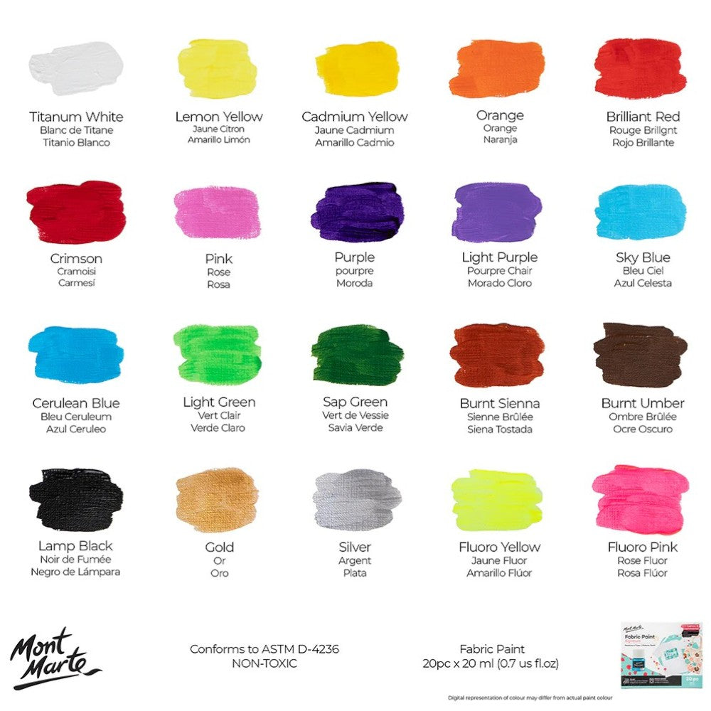 Mont Marte Fabric Paint Set (20x20ml) colour chart featuring Titanium White, Lemon Yellow, Cadmium Yellow, Orange, Brilliant Red, Crimson, Pink, Light Purple, Purple, Cerulean Blue, Sky Blue, Light Green, Sap Green, Burnt Sienna, Burnt Umber, Lamp Black, Gold, Silver, Fluoro Yellow, and Fluoro Pink.